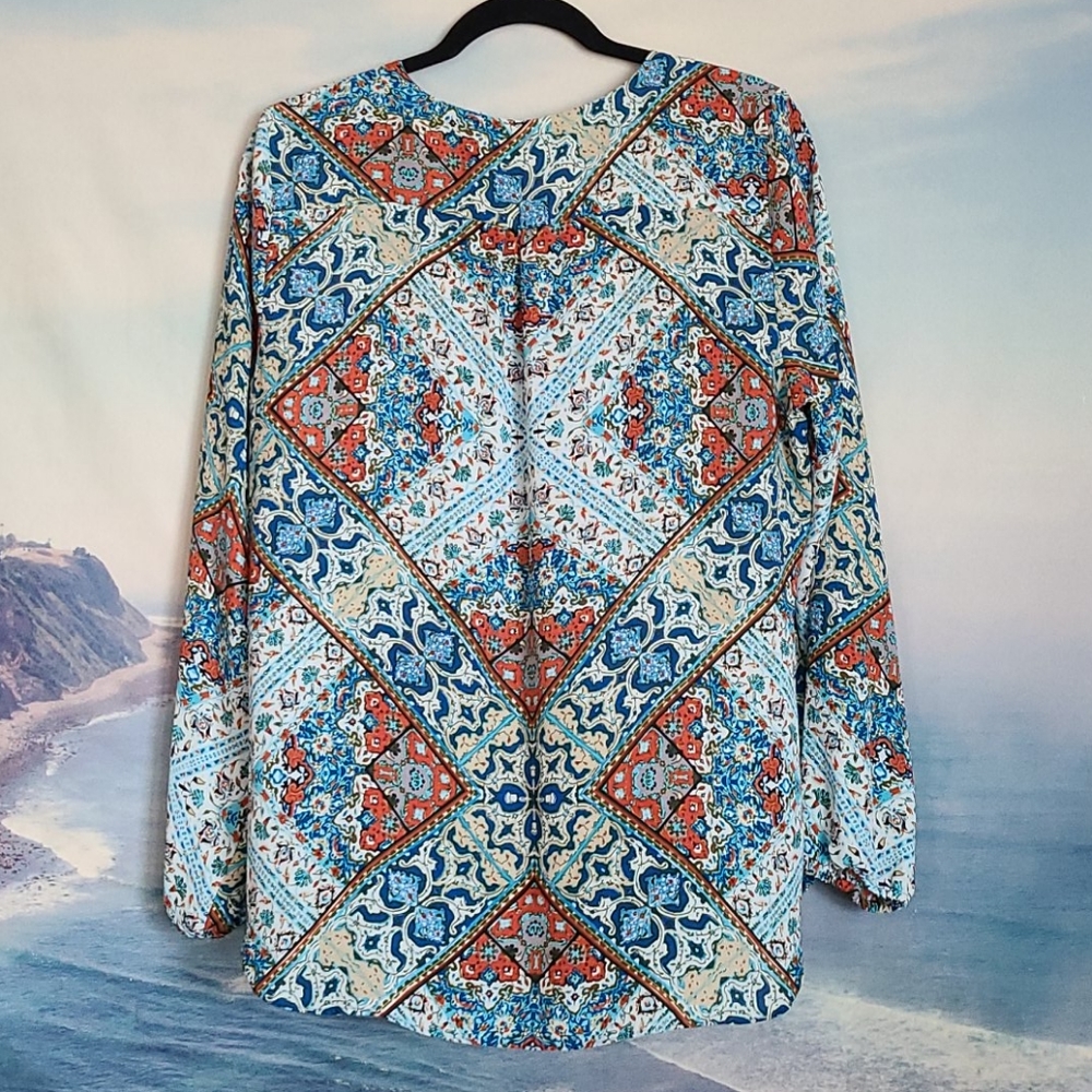 Women's Blue and Red Long Sleeve Blouse - Picture 6 of 6